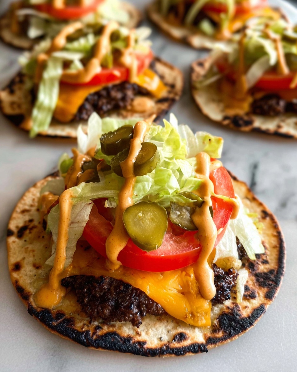 The image shows small flat tortillas topped with several layers. The bottom layer is a slightly charred, golden tortilla. On top, there is a dark brown grilled beef patty, followed by melted orange cheddar cheese that partly covers the patty and tortilla edges. Next are slices of red tomato, fresh green lettuce pieces, and chopped green pickles scattered on top. The dish is finished with a drizzle of light orange sauce over the layers. The background features a white marbled texture. photo taken with an iphone --ar 4:5 --v 7