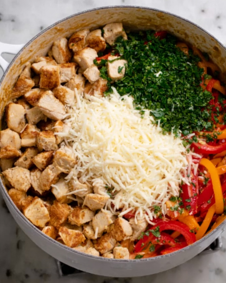 A white pot contains a colorful dish with multiple layers: cubed cooked chicken pieces that are light brown sit in one section, alongside a heap of finely chopped fresh green herbs. Next to these, shredded white cheese covers part of the mix, and beneath everything, there are slices of red and orange bell peppers visible. The food is all inside the pot, which rests on a white marbled surface. photo taken with an iphone --ar 4:5 --v 7