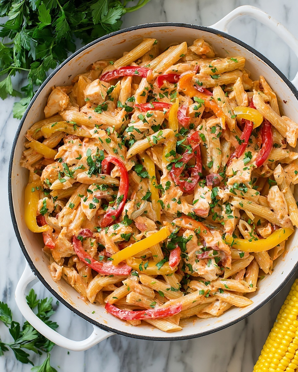 A white speckled shallow bowl filled with about three layers of penne pasta coated in creamy orange sauce mixed with small pieces of cooked chicken, thin strips of red and yellow bell peppers, and sprinkled with finely chopped green parsley all over. A silver fork rests on the left side of the pasta inside the bowl. The bowl sits on a dark grey cloth on a white marbled surface with fresh parsley leaves scattered around and a yellow corn cob visible on the bottom right. Photo taken with an iphone --ar 4:5 --v 7