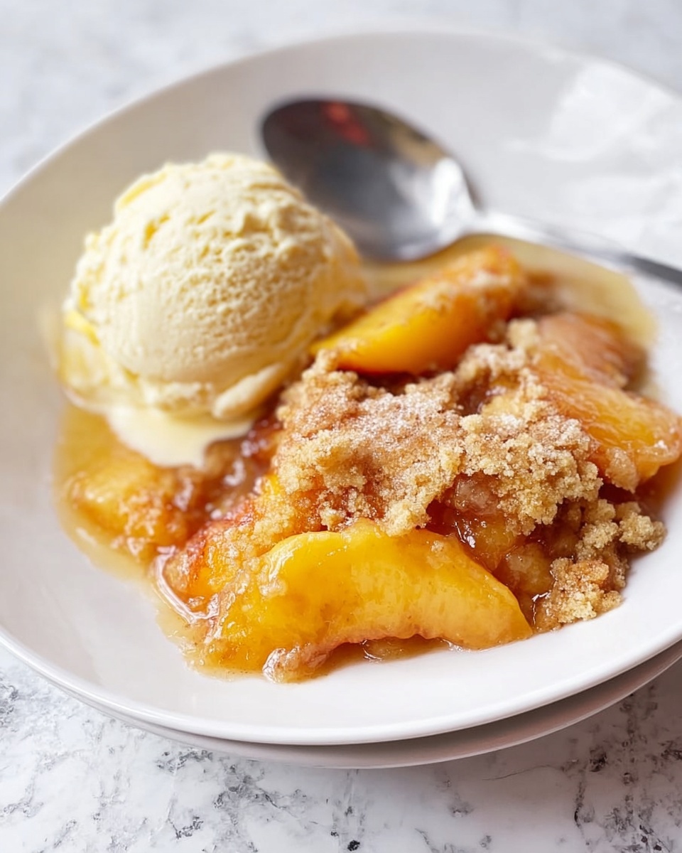 A white plate holds a warm dessert with two main layers: the bottom layer consists of soft, bright orange peach slices cooked and covered in a syrupy, slightly bubbly sauce with a mix of light brown and golden tones. On top, there is a crumbly, golden-brown crust that looks crunchy and has a slight sugar dusting. Next to this, a large scoop of creamy, pale off-white vanilla ice cream is melting slightly, adding a smooth texture and some shine. A silver spoon rests behind the dessert on the plate. The background surface is a white marble texture. photo taken with an iphone --ar 4:5 --v 7