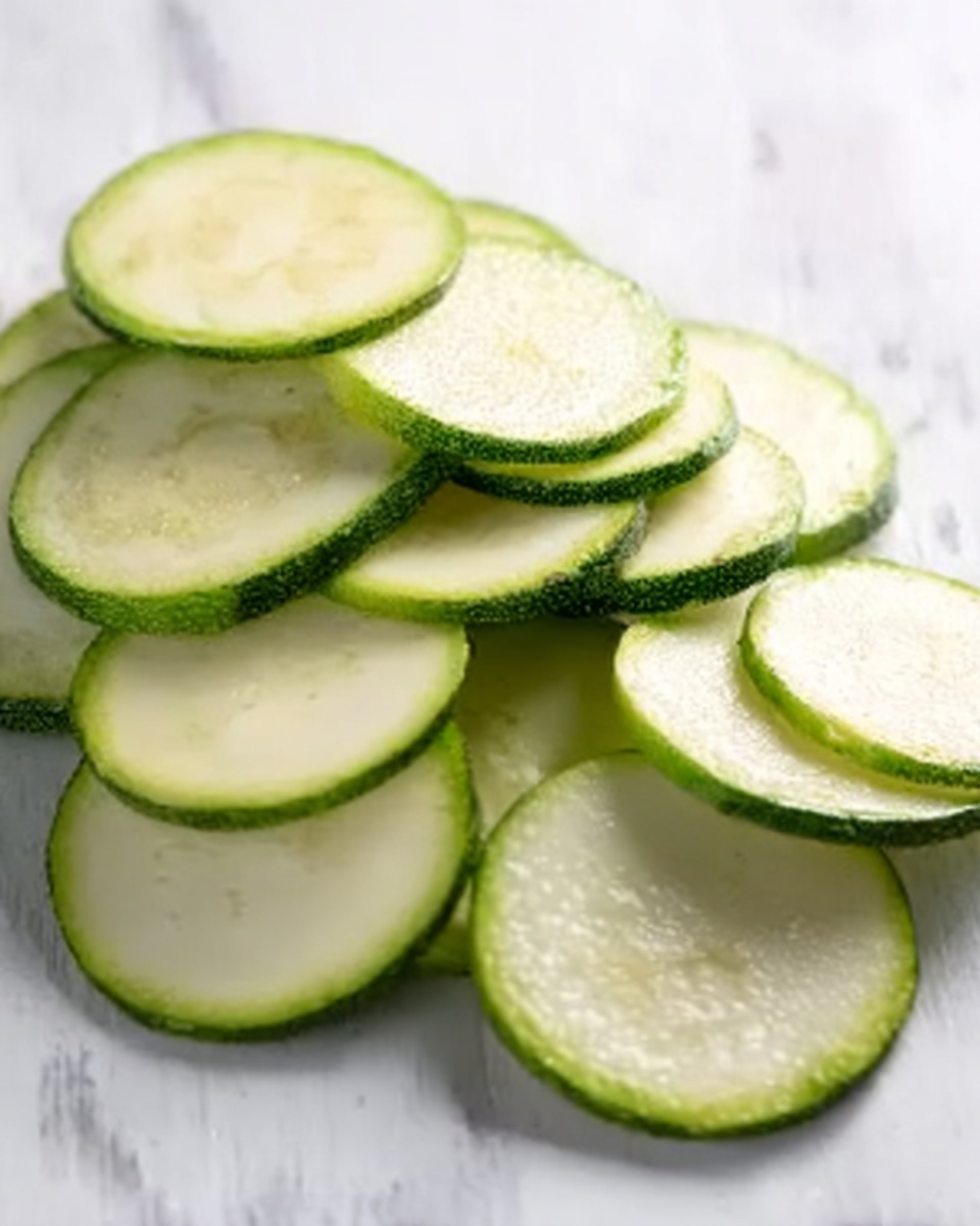 The image shows thin slices of green zucchini arranged in a slightly scattered pile on a white marbled surface. Each slice is round with a light green center and a darker green outer edge. The texture is smooth with soft shadows between the layers, making the slices look fresh and firm. The lighting highlights the natural color and slight moisture on the zucchini. Photo taken with an iphone --ar 4:5 --v 7