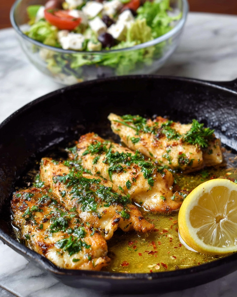 In a black cast iron pan, there are four pieces of golden-brown cooked fish, each topped with green chopped herbs, likely parsley, adding a fresh touch. The fish is cooked in a pool of melted butter or oil that has some garlic and small red chili flakes scattered around. A half lemon is pressed into the liquid on the right side, showing its juicy inside and resting slightly overlapped by one fish piece. In the blurred background above the pan, there is a clear glass bowl filled with a colorful salad, featuring green lettuce, white feta cheese chunks, and some tomato pieces. The entire scene sits on a white marbled surface. photo taken with an iphone --ar 4:5 --v 7