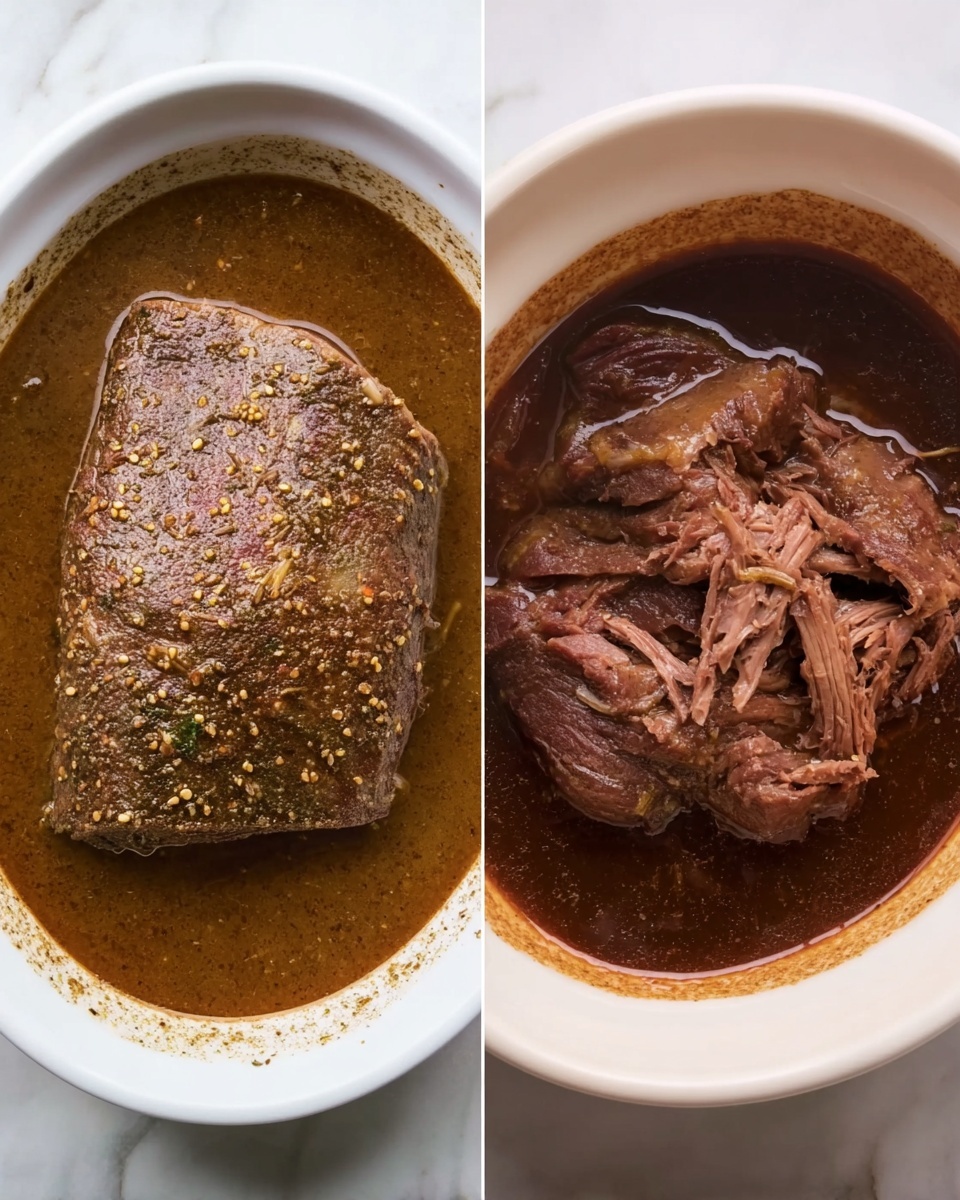 The image shows two views of a cooked meat dish in a white oval bowl placed on a white marbled surface. On the left, a single thick piece of raw-looking meat covered in coarse spices and seeds sits in a brown liquid sauce. On the right, the same bowl contains the same piece of meat now cooked, dark brown in color with visible fibers pulled apart, resting in a thick, dark brown sauce that fills the bowl partially. The texture of the sauce is smooth and glossy, surrounding the dense meat that appears tender and well-cooked. Photo taken with an iphone --ar 4:5 --v 7