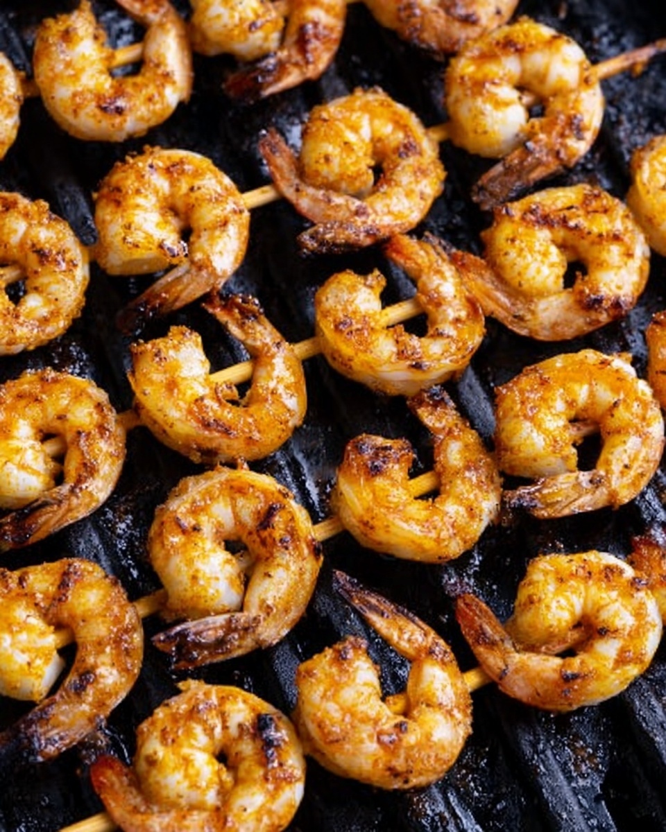 The image shows many small shrimp on wooden skewers placed closely together on a black grill. The shrimp have a golden orange color with clear dark grill marks, and their texture looks slightly firm with some charred edges. The skewers are arranged in rows, filling the grill in an organized way. The background features the dark grill surface with some glossy spots from cooking juices. photo taken with an iphone --ar 4:5 --v 7