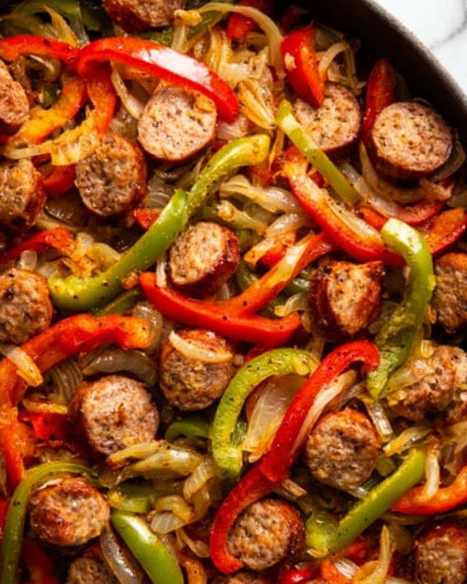 A beige bowl filled with a layer of white rice on one side, topped with sautéed green and red bell pepper strips and light brown cooked onions covering the other side, mixed with several slices of browned sausage. Some finely chopped green herbs are sprinkled over the dish. A dark fork rests inside the bowl, holding a piece of sausage and some rice. The bowl sits on a white marbled surface, next to a small white bowl containing chopped green herbs. Photo taken with an iphone --ar 4:5 --v 7