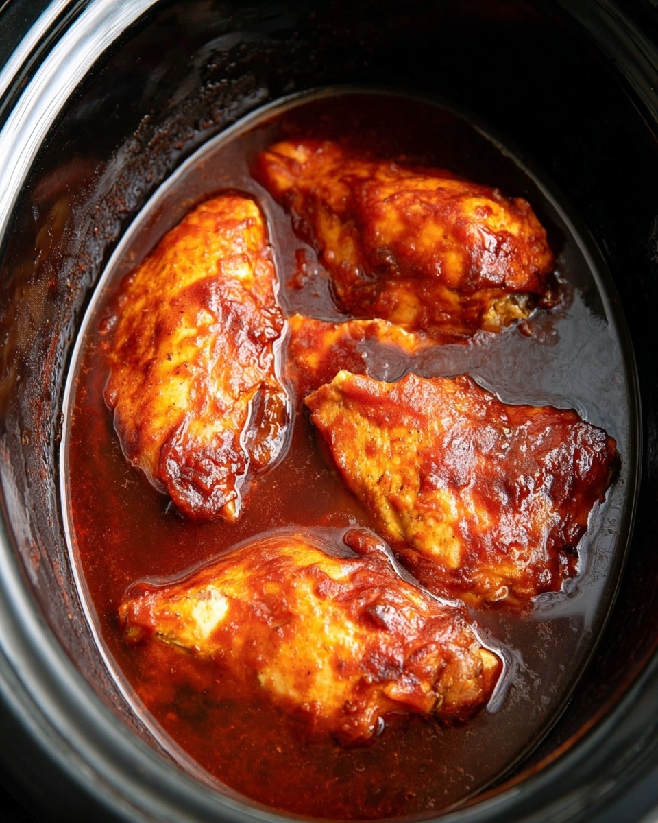 The image shows three pieces of cooked chicken in a black slow cooker or pot, each coated in a thick reddish-brown sauce that looks shiny and smooth. The sauce pools around the chicken, filling the bottom of the cooker. The chicken pieces have a slightly uneven surface with some browned spots, showing they are well cooked. The background inside the cooker is black and reflects some light, highlighting the glossy sauce and tender chicken. photo taken with an iphone --ar 4:5 --v 7