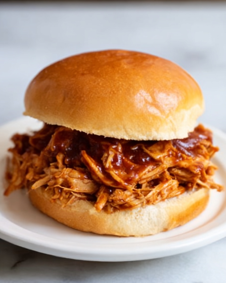 A close-up of a pulled BBQ chicken sandwich on a soft, golden-brown bun. The bottom bun is loaded with moist shredded chicken mixed with rich, dark reddish-brown BBQ sauce, creating a juicy and textured middle layer. The smooth, slightly shiny top bun rests gently on top, completing the sandwich. The sandwich is placed on a simple white plate, set on a white marbled surface. Photo taken with an iphone --ar 4:5 --v 7