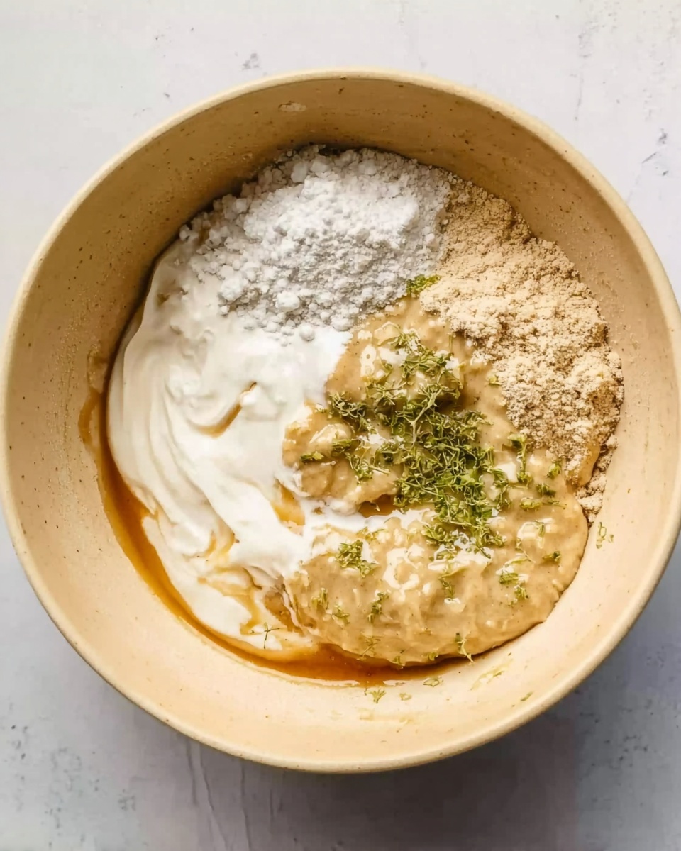 The image shows a beige bowl on a white marbled surface, filled with five clear layers of ingredients. The top right layer is a light tan flour with a rough texture, while the bottom right layer is a smooth beige paste with small green bits on top, likely herbs. To the left of these is a creamy white layer with a thick, soft texture. Above this, in the top left corner, is a fluffy white powder, and in the center of the bowl, a small section of glossy light brown liquid connects the layers. A woman's hand is not visible in this image. Photo taken with an iphone --ar 4:5 --v 7