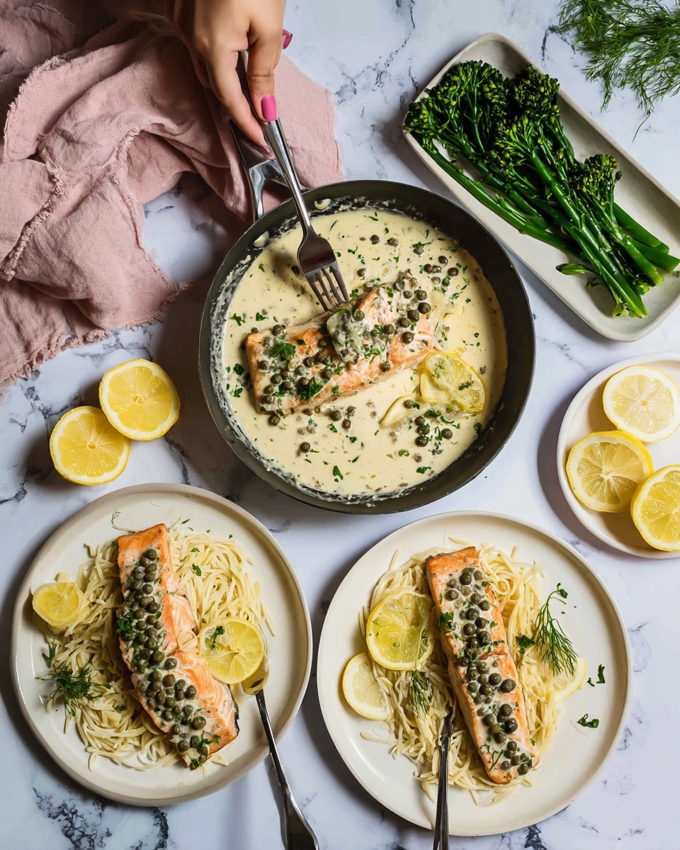 The image shows a cooked salmon fillet covered in a light cream sauce with capers and small green herbs, topped with thin lemon slices, placed in a dark pan. Next to the pan are two white plates with a serving of orzo pasta topped with a piece of the salmon and the same cream sauce, accompanied by bright green broccolini on the side. The scene is set on a white marbled surface with scattered lemon slices, fresh herbs in a small white dish, and a pale pink cloth. A woman's hand holds a fork cutting into the salmon on one plate. Photo taken with an iphone --ar 4:5 --v 7