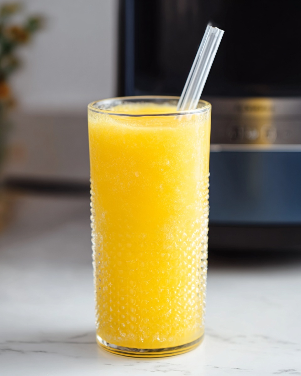 The image shows a clear glass mason jar filled with a bright yellow pineapple smoothie with a thick and smooth texture, slightly overflowing at the top. A large slice of pineapple with green and brown skin is placed on the rim of the jar on the left side. Two orange and white striped paper straws stand upright inside the jar on the right side. The setting features a white marbled surface and a dark background behind the jar. photo taken with an iphone --ar 4:5 --v 7
