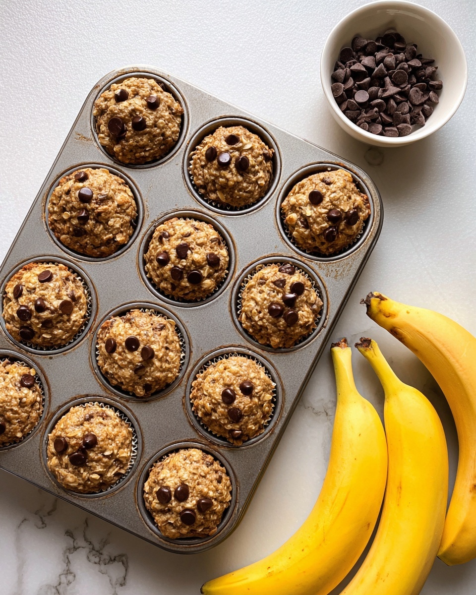 This image shows a metal muffin pan filled with ten chocolate chip muffins that have a rough, oatmeal-like texture and a light brown color, each topped with dark chocolate chips scattered unevenly. The pan is placed on a white marbled surface. To the right of the pan, there is a small white bowl filled with dark chocolate chips and two yellow bananas lying next to it. The overall setting has a clean, bright look. photo taken with an iphone --ar 4:5 --v 7