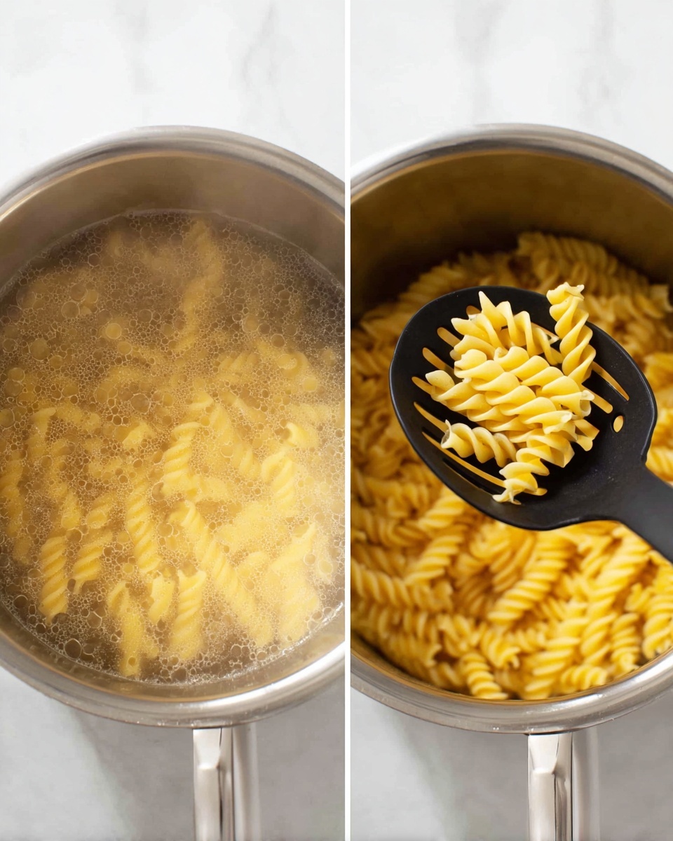 The image shows two side-by-side photos of a silver pot on a white marbled surface. In the left photo, the pot is filled with water boiling and yellow spiral pasta softening underwater, giving a slightly cloudy appearance inside the pot. In the right photo, a black slotted spoon with a silver handle lifts a portion of the cooked yellow spiral pasta out of the boiling water, with more pasta visible below in the pot. Photo taken with an iphone --ar 4:5 --v 7