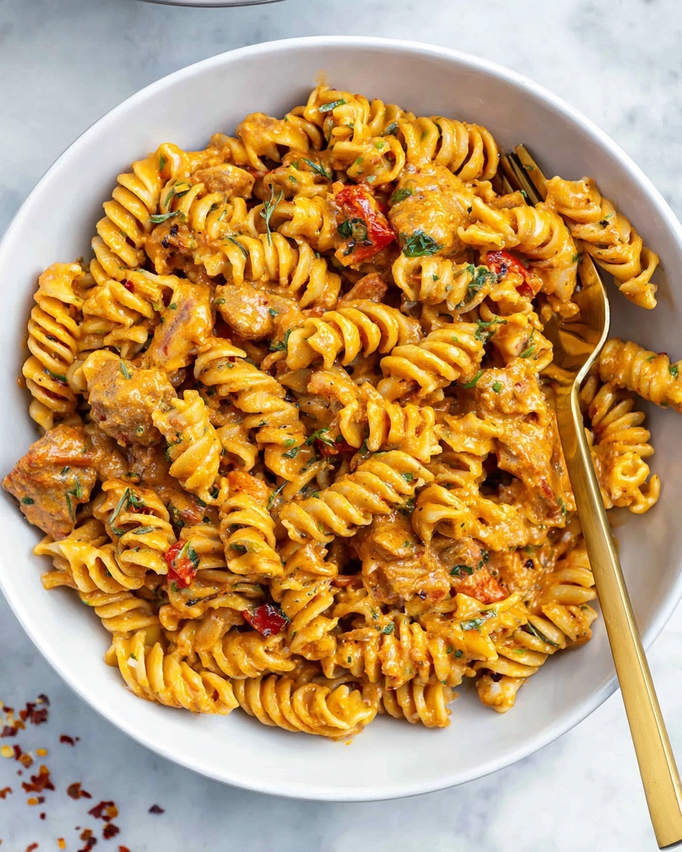 A white bowl filled with about three layers of twisted rotini pasta coated in a creamy, orange-colored sauce with visible specks of herbs, small red bits of tomatoes, and chunks of seasoned meat mixed evenly throughout. A golden fork rests inside the bowl on the right side, slightly sinking into the pasta with part of its handle leaning outside. The bowl is placed on a white marbled surface with red chili flakes sprinkled around. Photo taken with an iphone --ar 4:5 --v 7
