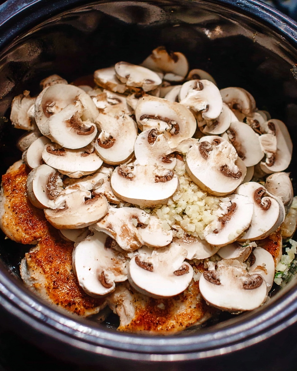 Inside a black cooking pot, there is one layer of cooked golden brown chicken at the bottom, showing a slightly crispy texture. On top of the chicken, a thick layer of fresh, whole sliced white mushrooms with brown gills spreads evenly, partially covering the chicken underneath. There are small bits of finely chopped garlic scattered among the mushrooms. The background shows the dark inside walls of the pot, and the overall scene is lit softly. Photo taken with an iphone --ar 4:5 --v 7