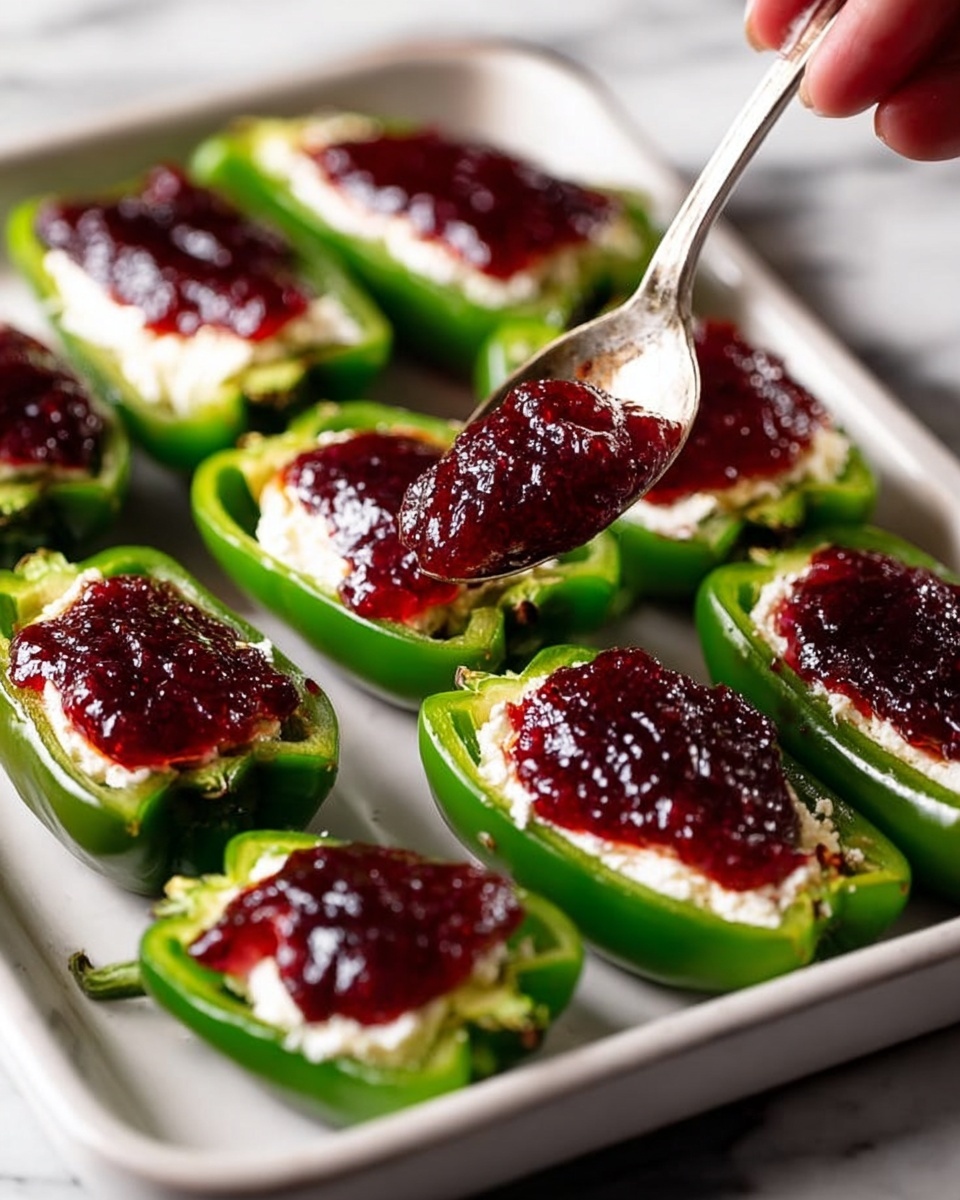The image shows a white tray holding several green pepper halves, each filled with a white creamy layer at the bottom, topped with a dark red, shiny jam-like layer. A spoon held by a woman's hand is placing the red layer on one of the peppers, showing a glossy texture that looks thick and rich. The peppers are arranged evenly on the tray, with the green皮 bright and smooth, the creamy layer soft and spreading inside each pepper, and the red topping thick with a slightly textured, shiny surface. The background features a white marbled texture photo taken with an iphone --ar 4:5 --v 7