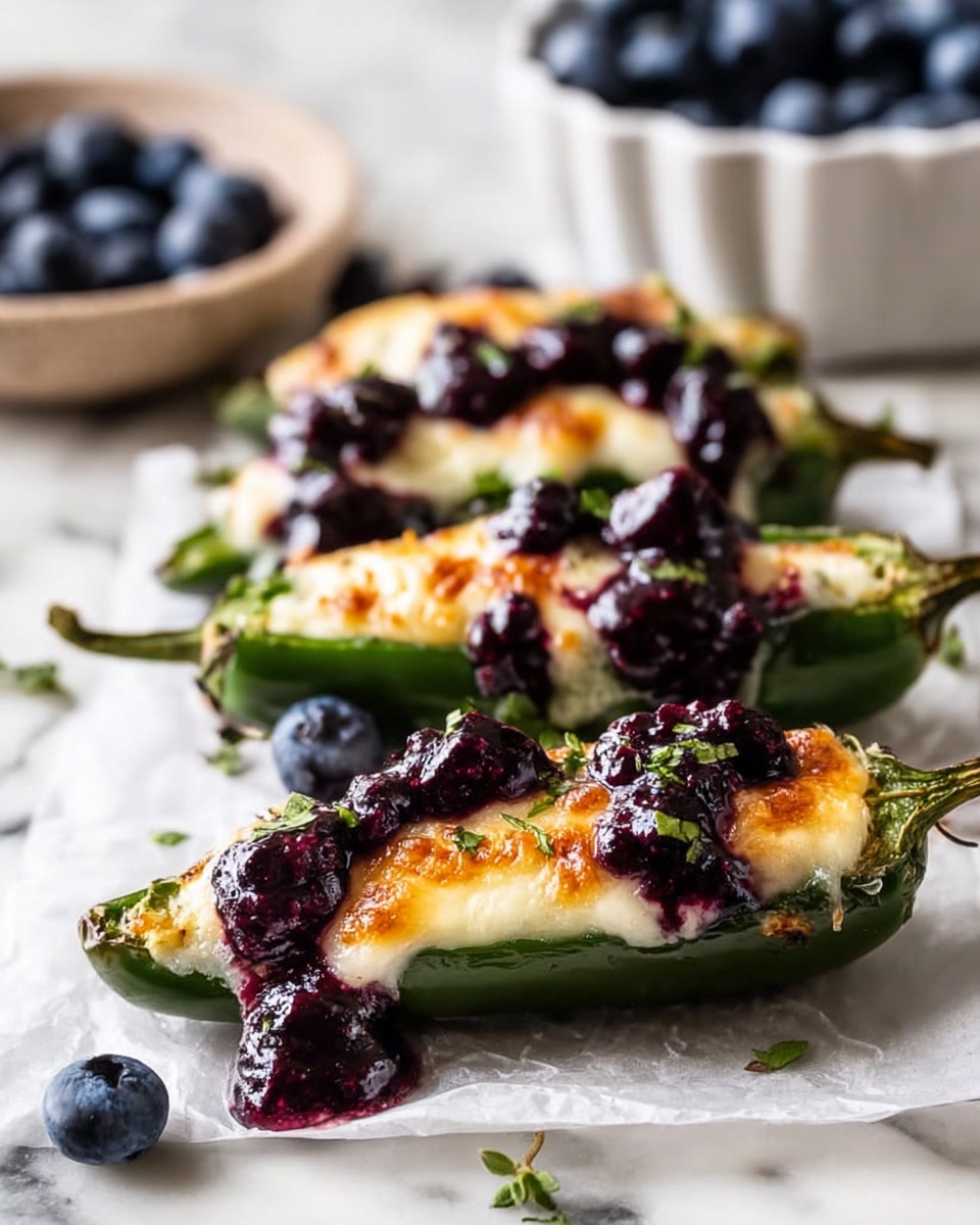 The image shows three green jalapeño halves filled with melted cheese that is browned on top, with dark purple blueberries and thick blueberry sauce spread generously over the cheese. The jalapeños are placed in a row on white parchment paper, set on a white marbled surface. Small green herbs and a few scattered blueberries decorate the scene, adding contrast. In the background, there is a white bowl filled with fresh blueberries, softly blurred to keep focus on the jalapeños. The light gives the melted cheese a shiny and stretchy look. Photo taken with an iphone --ar 4:5 --v 7
