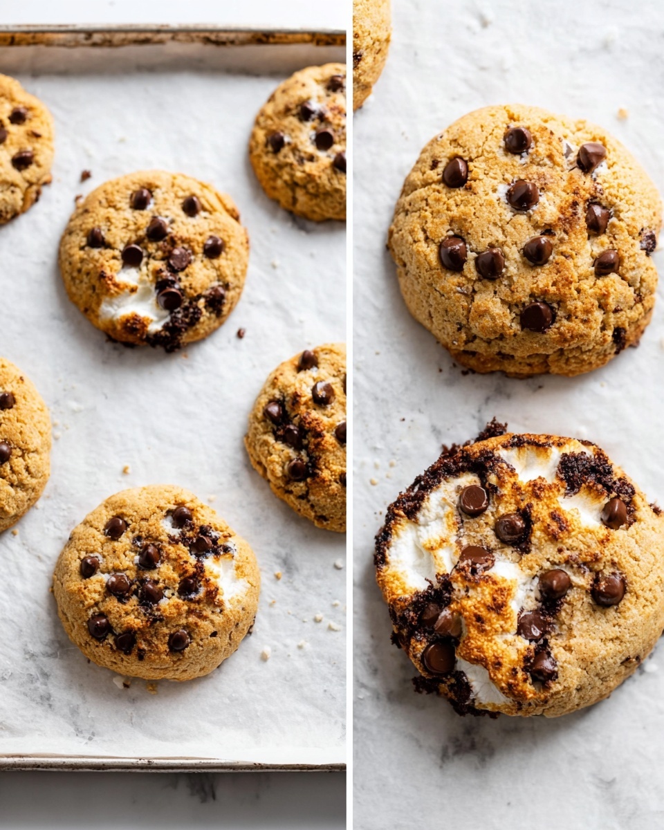 The image shows six round cookies on a white parchment paper-lined baking tray, laid on a white marbled surface. Each cookie has a light golden-brown color with a slightly cracked texture, scattered chocolate chips on top, and some melted marshmallow spots peeking through, especially on two cookies. One cookie is shown in close-up, displaying a rough, crumbly texture with dark brown chocolate chips spread unevenly, and gooey white marshmallow melted inside cracks. The overall look is warm and homemade, with some caramelized areas near the edges. Photo taken with an iphone --ar 4:5 --v 7