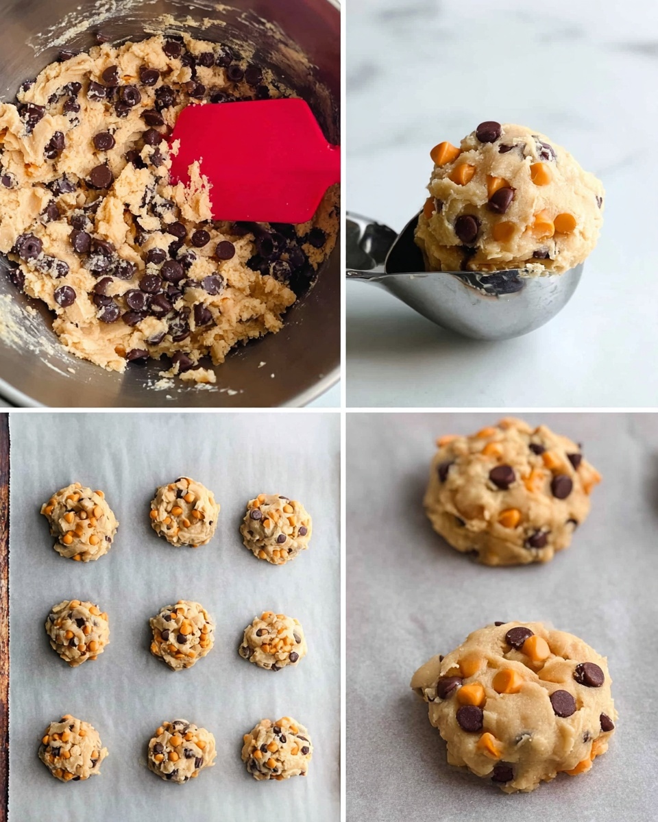 The image shows a four-step process of making chocolate and butterscotch chip cookies. The top left part has a close-up of cookie dough mixed with dark brown chocolate chips and light orange butterscotch chips, with a red spatula in the dough inside a metal bowl. The top right part shows a silver cookie scoop holding a round ball of the same dough over a white marbled background. The bottom left section has six round dough balls evenly spaced on light gray parchment paper. The bottom right part displays baked cookies on gray parchment, golden brown with melted dark chocolate chips and orange butterscotch chips on top, showing a soft and textured surface. photo taken with an iphone --ar 4:5 --v 7
