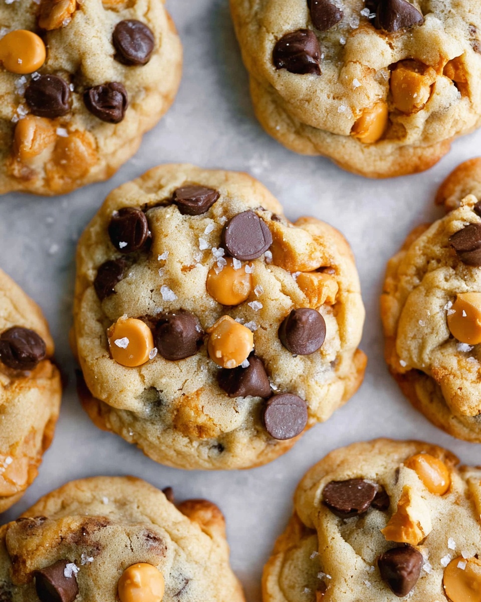 A close-up view shows a stack of thick, soft cookies with a light golden-brown color. The top cookie is split in half, revealing a chewy inside filled with melted dark chocolate chips and light brown peanut butter chips. The cookie surface is bumpy with visible chocolate and peanut butter chips scattered throughout. The cookies are placed on a wooden surface, but the background has been changed to a white marbled texture. photo taken with an iphone --ar 4:5 --v 7