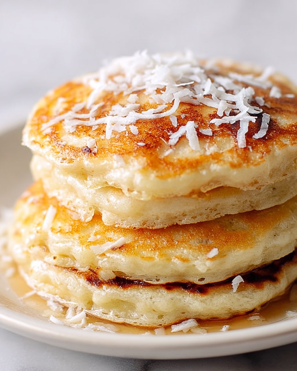 A stack of three thick pancakes sits on a white plate against a white marbled background. The pancakes are golden brown on top with slightly uneven edges, showing a soft and fluffy texture inside. The top pancake is sprinkled with white shredded coconut flakes scattered unevenly, adding a light contrast to the warm tones of the pancakes. The layers of the stack reveal the thickness and moist texture of each pancake, with soft bubbles visible on the sides. photo taken with an iphone --ar 4:5 --v 7