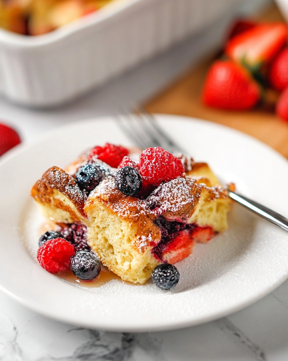 A white plate holds a layered dish made of golden-brown baked pieces that look soft inside with a slightly crispy crust. The top layer is sprinkled with bright red strawberries, dark blue blueberries, and red raspberries. A light dust of white powdered sugar gently covers the top, adding a soft texture. The plate sits on a white marbled surface with a blurred white baking dish and sliced strawberries in the background. A fork rests on the plate behind the food. photo taken with an iphone --ar 4:5 --v 7