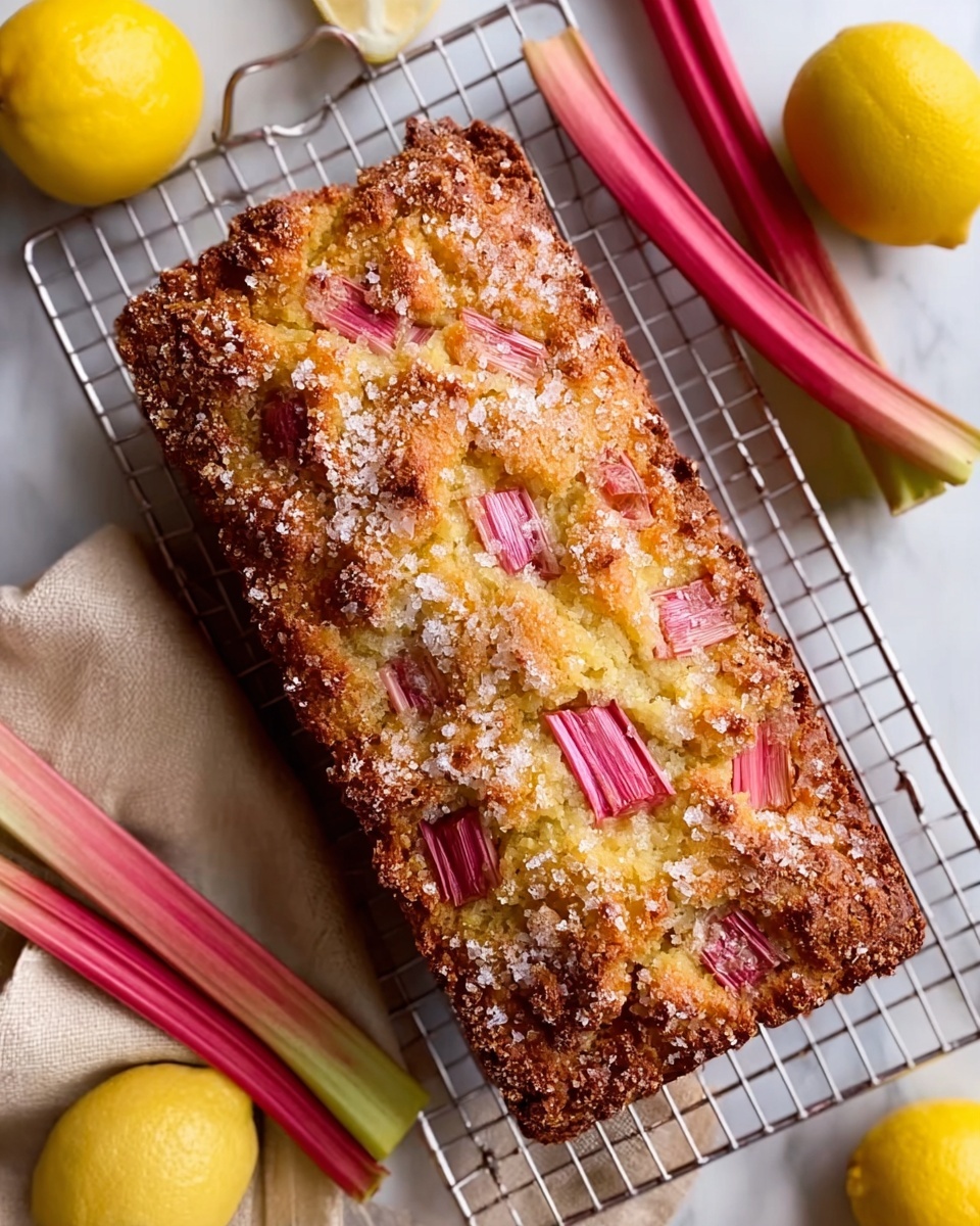 A rectangular loaf cake sits on a metal cooling rack over a white marbled surface, with a textured golden brown crust topped with coarse sugar crystals. The cake has several visible pieces of pink rhubarb embedded within the top surface, creating a contrast against the light yellow crumb. Around the cake on the surface, there are whole and half lemons with bright yellow skin, and a few stalks of rhubarb with pink and green hues resting on a beige cloth. The overall look is warm and rustic with natural colors and textures. photo taken with an iphone --ar 4:5 --v 7