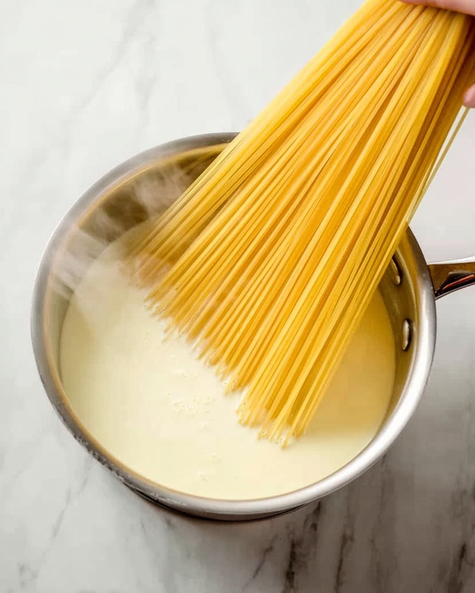 A silver pot filled with a creamy white liquid on a white marbled surface. A large bunch of dry, long yellow spaghetti noodles is being held and lowered into the pot by a woman's hand from the top right side of the image. The noodles create a fan-like shape as they enter the liquid, with their smooth texture and straight alignment clearly visible. Thin steam rises softly from the surface of the liquid, adding a warm feeling. Photo taken with an iphone --ar 4:5 --v 7