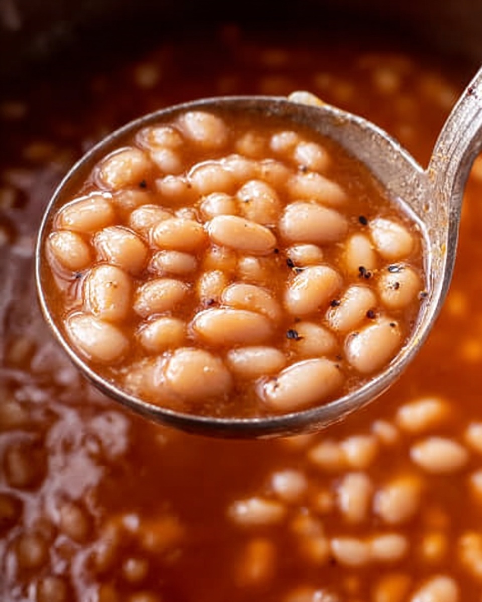 A close-up image of many small white beans soaking in thick, shiny, brown sauce inside a silver ladle hovering over the pot holding the beans and sauce. The sauce has a smooth texture with some small black specks scattered around the beans. The white beans appear soft and plump. The photo has a warm tone focusing on the ladle and beans. The background shows more beans in sauce with a subtle white marbled texture beneath the pot. photo taken with an iphone --ar 4:5 --v 7
