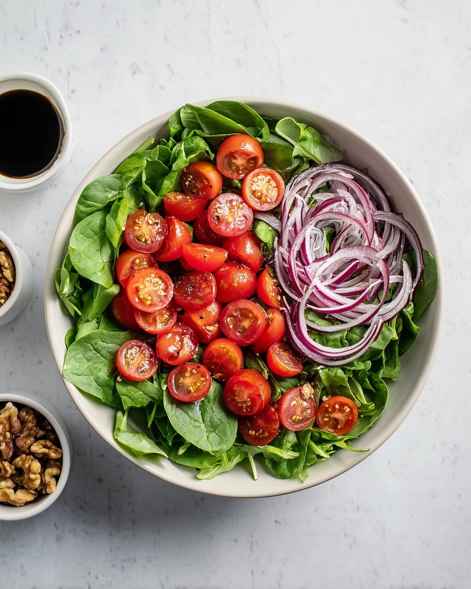 A white bowl holds a fresh salad with three main layers: the base layer has large green leafy vegetables, the middle layer is made up of halved bright red cherry tomatoes scattered evenly, and the top layer shows thin, circular slices of purple onion curved over the salad. Around the bowl are small white containers, one with dark balsamic vinegar and another with brown walnuts, all placed on a white marbled surface. photo taken with an iphone --ar 4:5 --v 7