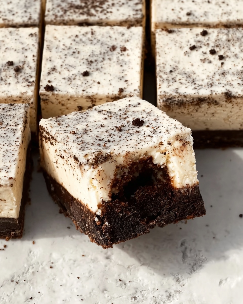 The image shows several square pieces of a two-layered dessert arranged in a close group on a white marbled surface. Each piece has a thick bottom layer that is dark brown and looks soft and moist, while the top layer is creamy white with small dark specks scattered throughout. One piece is slightly lifted and tilted, revealing the clear division between the dark base and the lighter top. The texture on the top layer appears smooth with some crumbly bits embedded in it. photo taken with an iphone --ar 4:5 --v 7