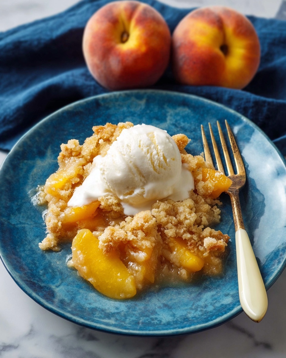 A blue plate holds a serving of peach cobbler with a scoop of melting vanilla ice cream on top. The cobbler has a golden-brown crumbly crust mixed with soft, bright yellow peach slices underneath. The ice cream is creamy white and slightly melted, blending into the warm cobbler. A fork with a pale cream handle rests on the right side of the plate. Two fresh peaches sit above the plate on a dark blue cloth, all placed on a white marbled surface. photo taken with an iphone --ar 4:5 --v 7