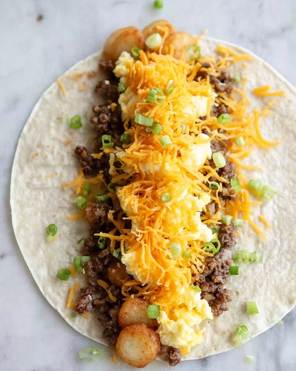 The image shows a soft white tortilla open with layers of food arranged in a line on one side. The bottom layer is a mix of small brown cooked ground meat pieces. On top of the meat is a row of crispy golden brown rounds, followed by fluffy light yellow scrambled eggs. The eggs are covered with a bright yellow and orange shredded cheese, sprinkled with small green onion pieces. Everything is set on a white marbled surface. photo taken with an iphone --ar 4:5 --v 7