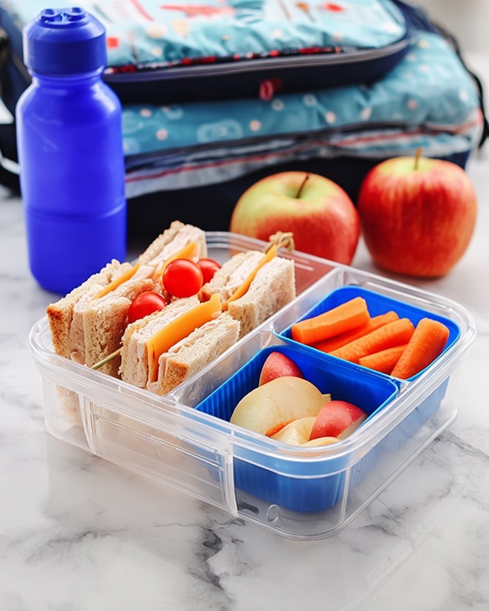 The image shows two clear plastic lunch boxes on a white marbled surface, each containing a small sandwich and two side compartments. The sandwich has a sesame seed bun with visible layers of green lettuce, light beige sliced turkey, and a piece of yellow cheese. One side compartment holds a few orange baby carrots in a green silicone liner, while the other side compartment contains red grapes in a blue silicone liner. The sandwiches are held together with wooden toothpicks, and the lunch boxes have blue lids underneath. Photo taken with an iphone --ar 4:5 --v 7
