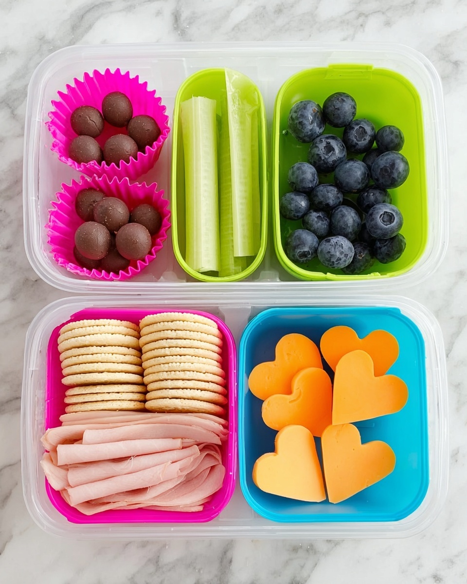 A clear plastic container with five sections sits on a white marbled surface. In the top left section, there is a bright pink silicone cup filled with round, dark chocolate balls. Below that, long, light green celery sticks stand upright. To the right of the celery, a bright green silicone cup holds fresh, deep blue blueberries. Below the blueberries, a bright blue silicone cup contains several slices of orange-yellow cheese shaped like hearts. In the two rightmost sections, round light beige crackers are neatly stacked in the top section, and slices of light pink turkey meat are folded and placed in the bottom section. Photo taken with an iphone --ar 4:5 --v 7
