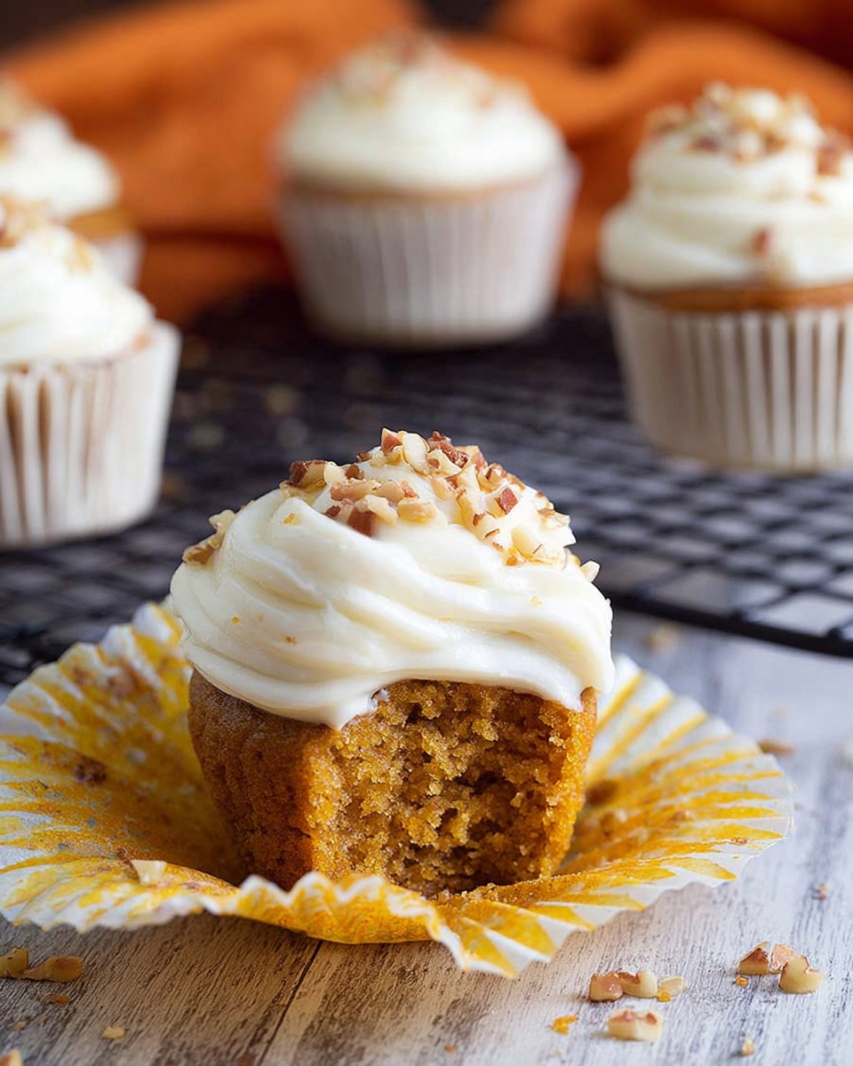 A close-up of a single cupcake with orange-brown cake inside an opened yellow-striped paper liner, topped with one thick layer of white cream frosting and sprinkled with small pieces of chopped nuts. In the background, more similar cupcakes sit in white liners on a black wire rack over a white marbled surface, with soft orange and brown blurred tones behind them. Photo taken with an iphone --ar 4:5 --v 7