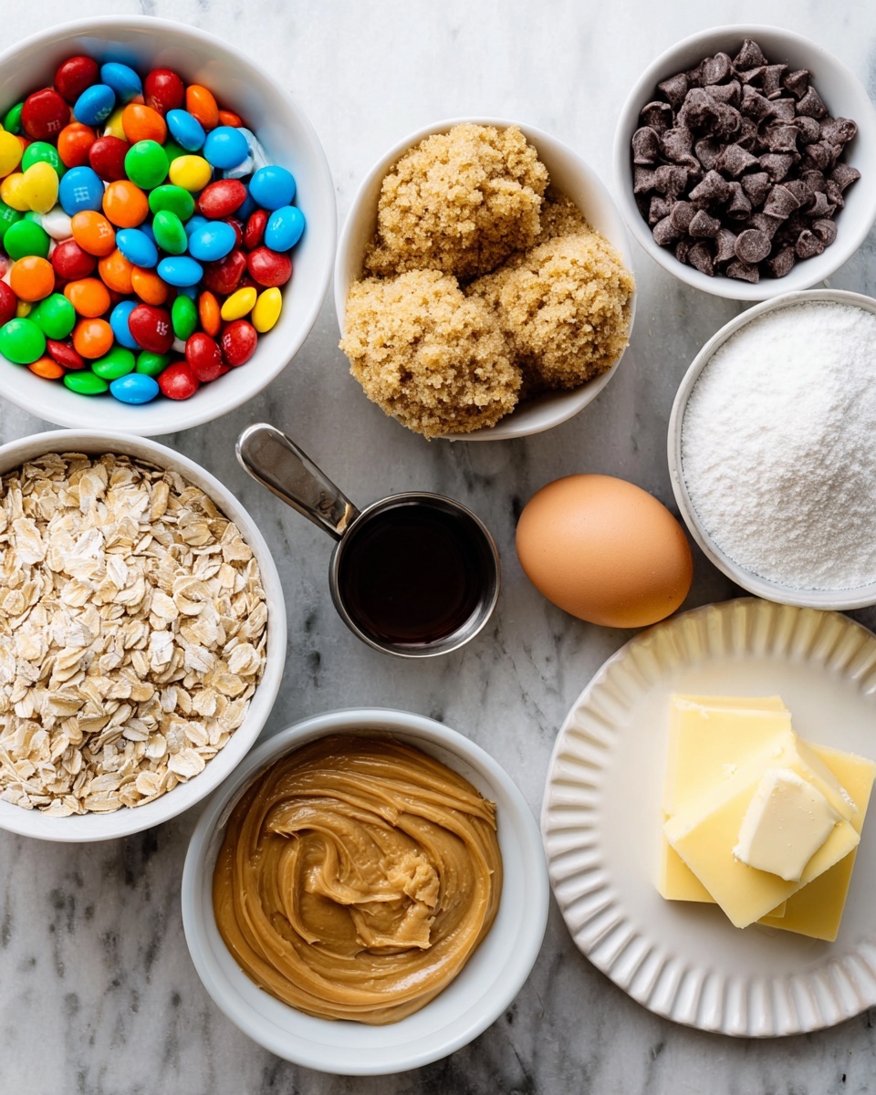 The image shows several white bowls and a white plate with different ingredients placed on a white marbled surface. At the top left is a white bowl filled with colorful M&M candies, featuring bright red, orange, yellow, green, blue, and brown pieces. To the right, there is a white bowl with a mix of white granulated sugar and golden brown sugar, with the sugars forming two large textured mounds within the bowl. At the top right, a small white bowl holds dark chocolate chips that contrast sharply with the rest. Near the bottom left, a white bowl is filled with light tan rolled oats and a small pile of white baking soda or baking powder on one side. At the center-bottom, a smaller white bowl contains creamy, smooth peanut butter with a rich tan color. To the right, on a white plate with ridged edges, there are two thick slices of pale yellow butter positioned next to a small metal cup filled with a dark liquid, possibly vanilla extract. Two whole brown eggs are placed near the sugar bowl, adding a natural earthy tone to the layout. The entire setup is neat and organized, showing a variety of textures and colors ready for making a dessert. Photo taken with an iphone --ar 4:5 --v 7