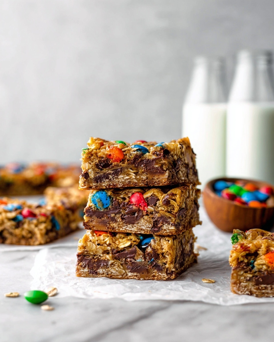 A stack of three thick, square bars sits on white parchment paper on a white marbled surface. Each bar has a golden-brown textured top layer with colorful candy pieces embedded, showing bright reds, blues, greens, oranges, and yellows. The middle layer is dense and chocolatey with bits of candy and oats peeking through, giving a moist and chunky look. In the background, more bars rest scattered, slightly blurred, with a small round wooden bowl full of candy and two glass bottles of milk standing side by side against a light, neutral backdrop. Photo taken with an iphone --ar 4:5 --v 7