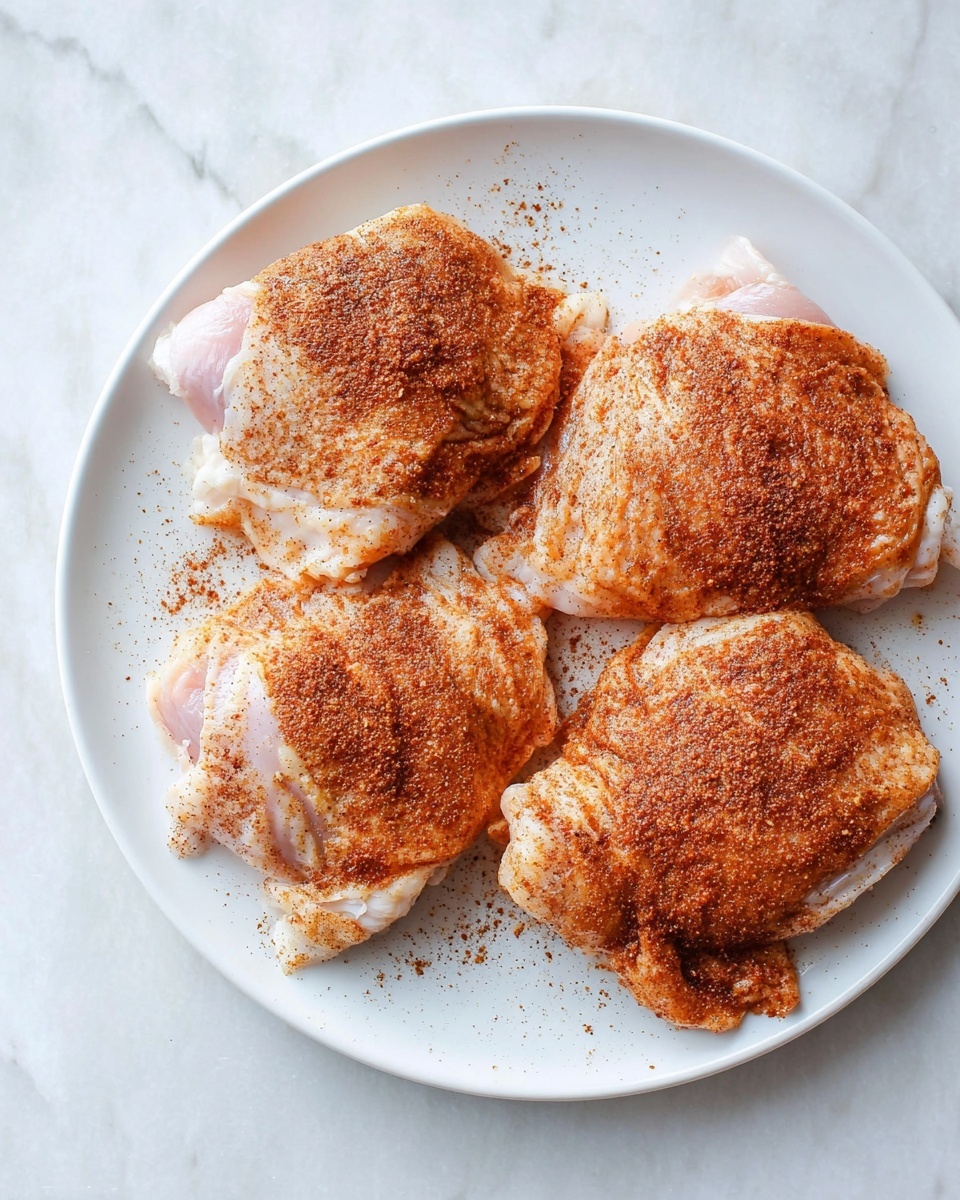 Four pieces of raw chicken thighs with skin are placed on a white plate. Each piece is coated with a reddish-brown spice mix that has a slightly grainy texture. The chicken skin is pale with some pink showing underneath, and the spice spread is uneven, with some areas having thicker coverage than others. The plate sits on a white marbled surface. photo taken with an iphone --ar 4:5 --v 7