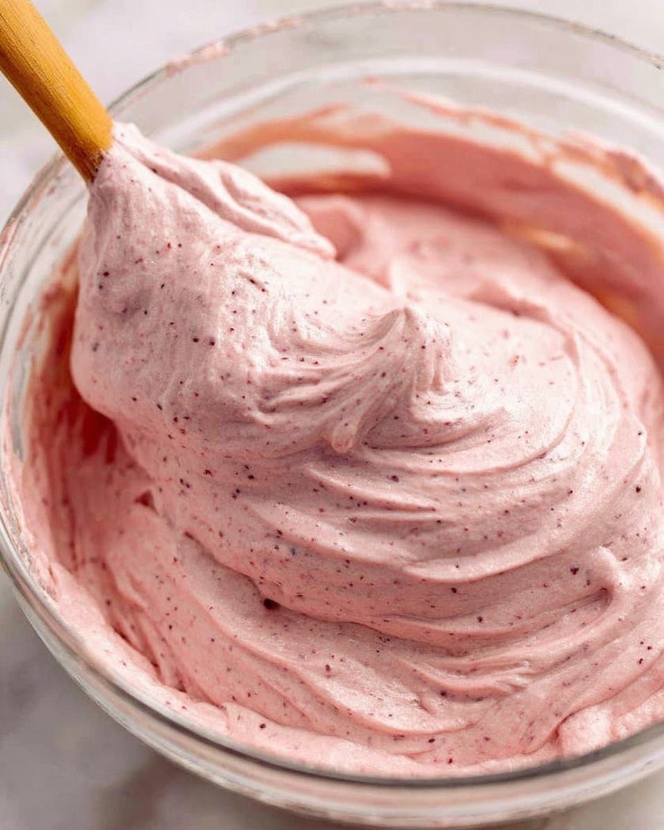 A clear glass bowl filled with a thick, pink whipped mixture with tiny dark specks spread evenly throughout. The mixture looks smooth and creamy with soft peaks and swirls, showing a fluffy texture. A wooden spoon is partly dipped into the mixture, lifting a fold of the pink cream, emphasizing its light and airy consistency. The background is a white marbled texture. photo taken with an iphone --ar 4:5 --v 7