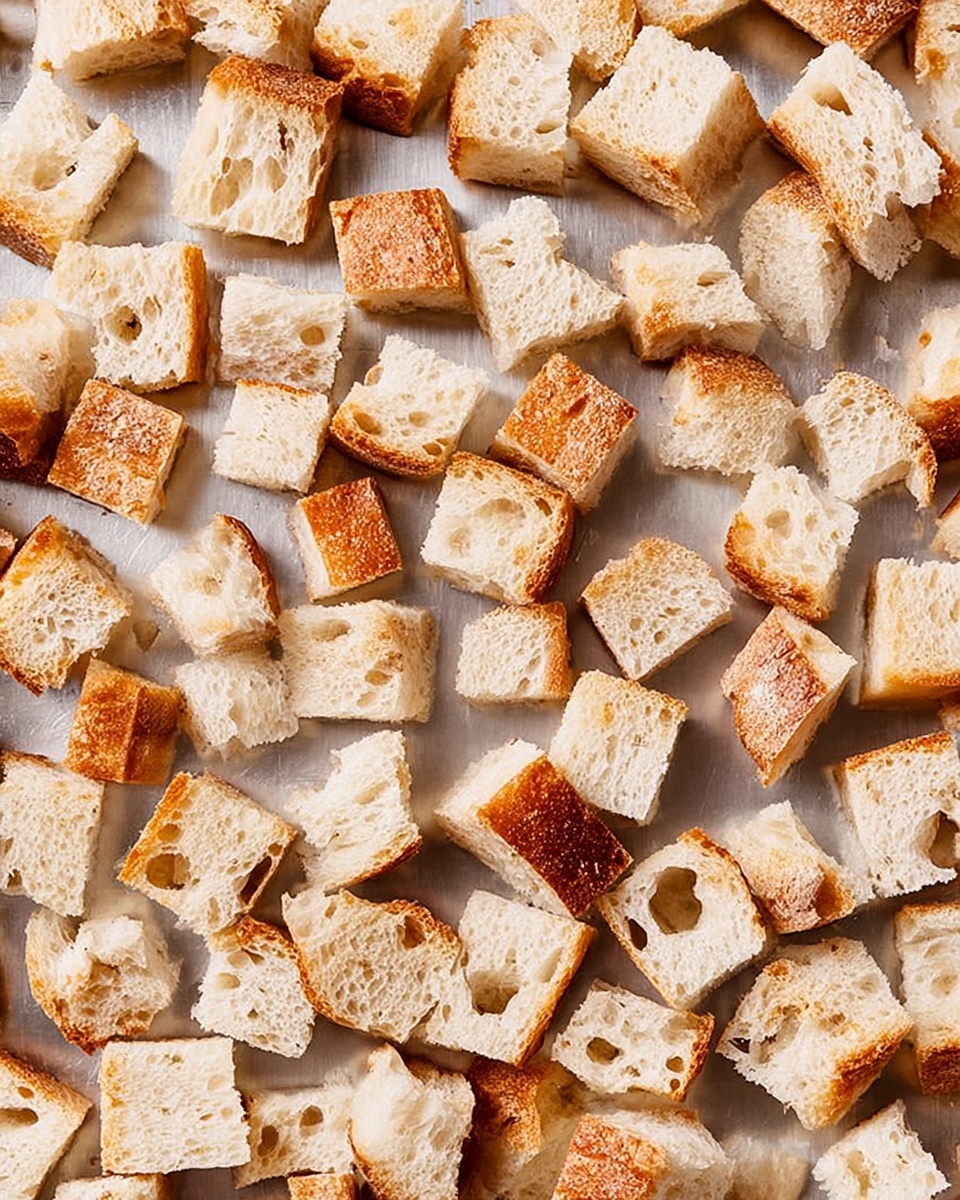 The image shows many small cubes of bread spread out neatly on a metal baking sheet. Each bread cube varies slightly in size and texture, with a mix of crusty light brown edges and soft, airy white centers. The cubes cover the entire surface with some pieces showing a slightly toasted, golden-brown tint while others remain pale and fresh-looking. The overall scene has a simple, clean feel with a focus on the varied textures of the bread. Photo taken with an iphone --ar 4:5 --v 7