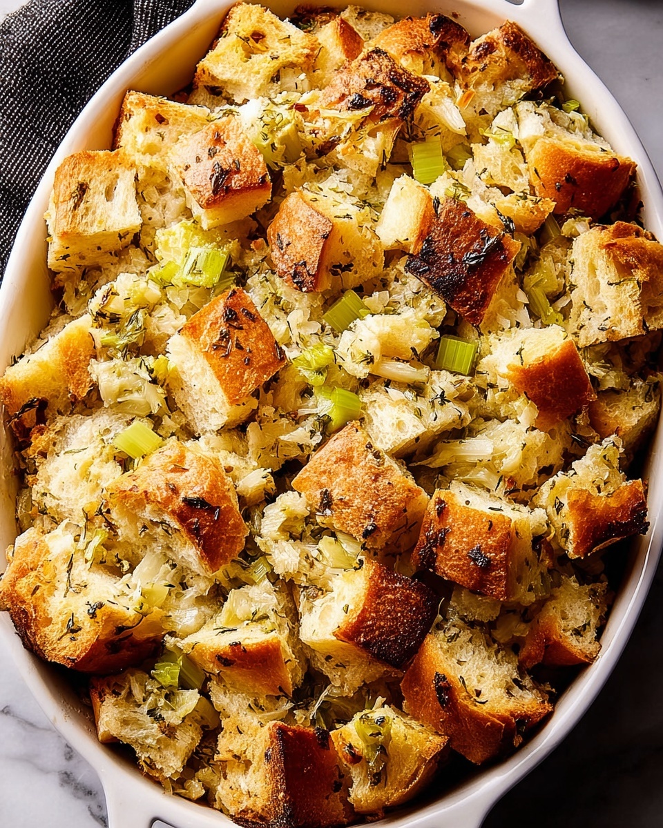 The image shows a white oval dish filled with baked bread cubes that are golden brown and crispy on top, with soft, white inside layers visible. The bread pieces are mixed with small bits of green herbs and celery, adding pops of green color throughout. The dish surface is uneven with bread chunks stacked closely, giving a textured and hearty appearance. The edges of the bread have a toasted look with some darker brown spots, indicating a well-baked dish. The dish is held on a white marbled surface, with a woman's hands wearing dark oven mitts gripping the sides. photo taken with an iphone --ar 4:5 --v 7