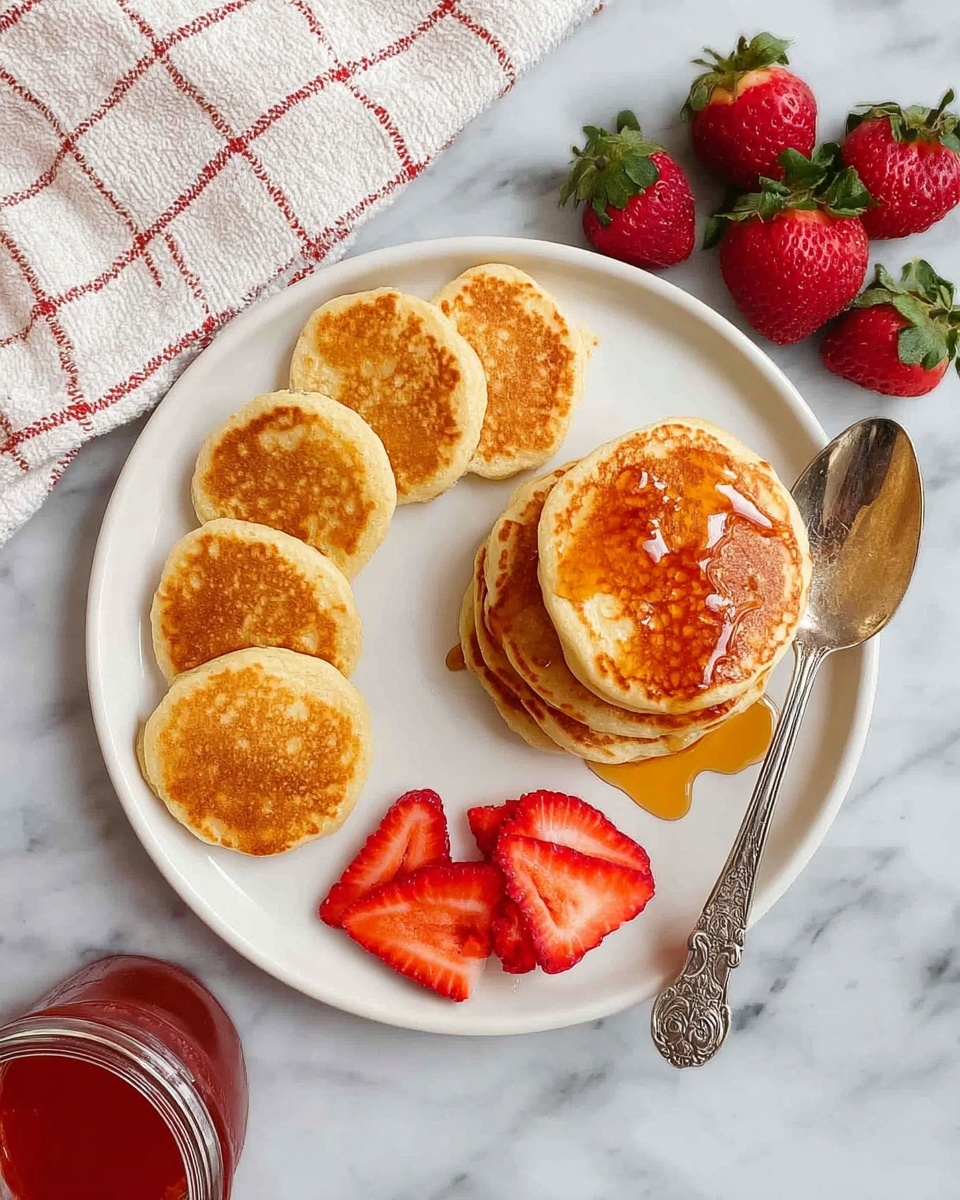 A white plate sits on a white marbled surface with six small golden brown pancakes arranged in a curved line on the left side and a neat stack of three pancakes on the right side. The stack has syrup drizzled over it, creating a shiny glaze. Below the stack are three bright red strawberry slices showing their seeds and texture. A silver spoon with an ornate handle rests on the right side of the plate. Around the plate are whole strawberries with green leaves, and a glass jar with red syrup is visible at the bottom left corner next to a white cloth with a red grid pattern. photo taken with an iphone --ar 4:5 --v 7