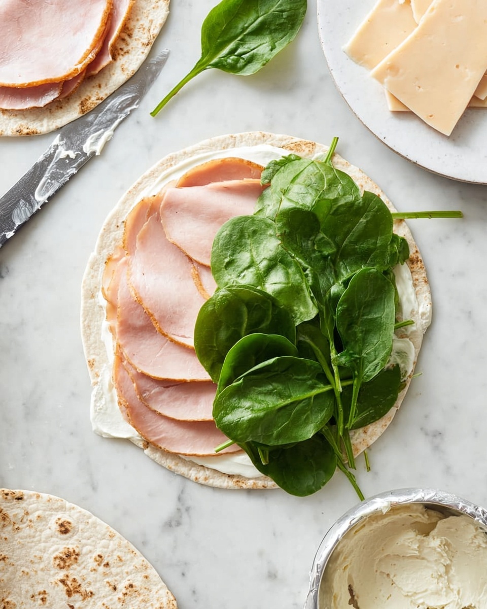 A round flat wrap is spread with a smooth white cream layer, topped with three thin light pink slices of deli meat arranged to cover most of the wrap. On top of the meat, there is a layer of fresh spinach leaves which are bright green with a slightly glossy texture, loosely spread with some leaves overlapping. Nearby, a metal knife with some cream on its blade rests on the white marbled surface, along with a white plate holding a circle of creamy cheese spread, partially sliced into wedges. The whole scene is set on a white marbled surface, with more wraps and spinach visible around the main wrap. Photo taken with an iphone --ar 4:5 --v 7