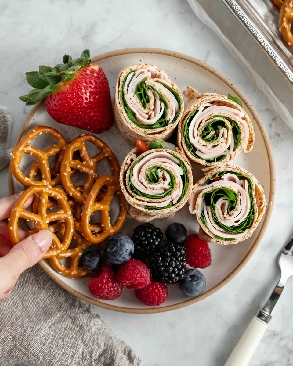 The image shows a white plate with a beige rim on a white marbled surface, holding four rolled sandwich wraps made with a light brown tortilla, filled with three layers: creamy turkey slices in a pale pinkish color, fresh dark green spinach, and the tortilla wrapping around them. Next to the wraps, there is a pile of small golden-brown pretzels with a shiny, salted texture. On the side, fresh berries are arranged, including a large red strawberry with a green leafy top, two blackberries with a textured purple-black color, three red raspberries, and two dark blue blueberries. A fork with a white handle rests on the plate edge, with a woman's hand about to pick up one of the pretzels. Photo taken with an iphone --ar 4:5 --v 7