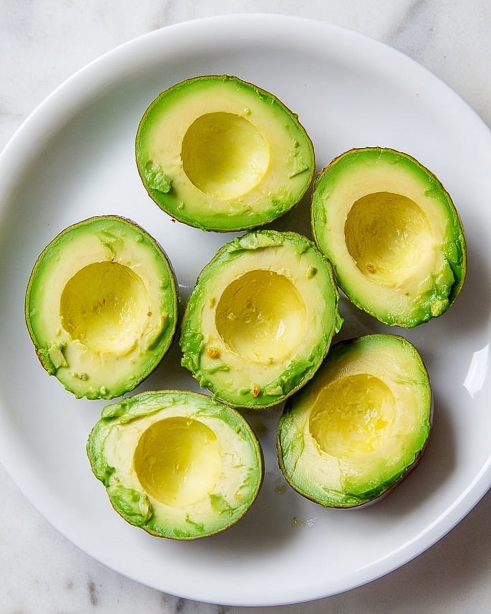 A white plate holds six halves of avocado, each with a hollow center where the pit was taken out. The avocados show a smooth, light green-yellow inside with darker green skin around the edges. One avocado half has some flesh slightly pushed upwards. The plate sits on a white marbled surface. Photo taken with an iphone --ar 4:5 --v 7
