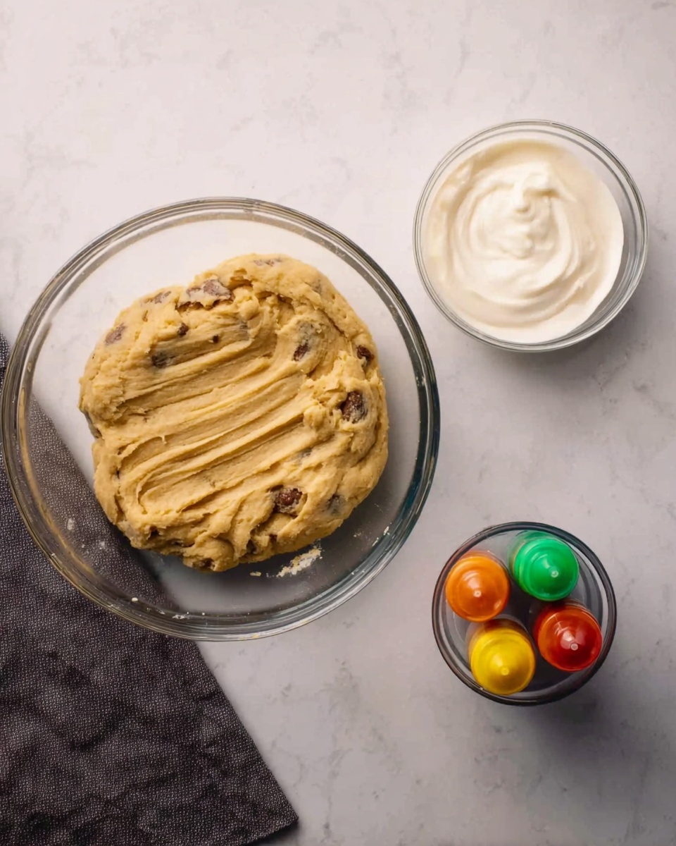The image shows a top view of three clear glass bowls on a white marbled surface. The largest bowl in the center holds light brown dough with darker spots mixed inside, spread flat in the bowl with some texture lines visible. To the top right is a smaller bowl filled with a smooth white cream. Below it, a clear cup holds four small bottles of food coloring in yellow, green, red, and orange, arranged tightly together. A gray cloth is placed to the left edge of the frame. photo taken with an iphone --ar 4:5 --v 7