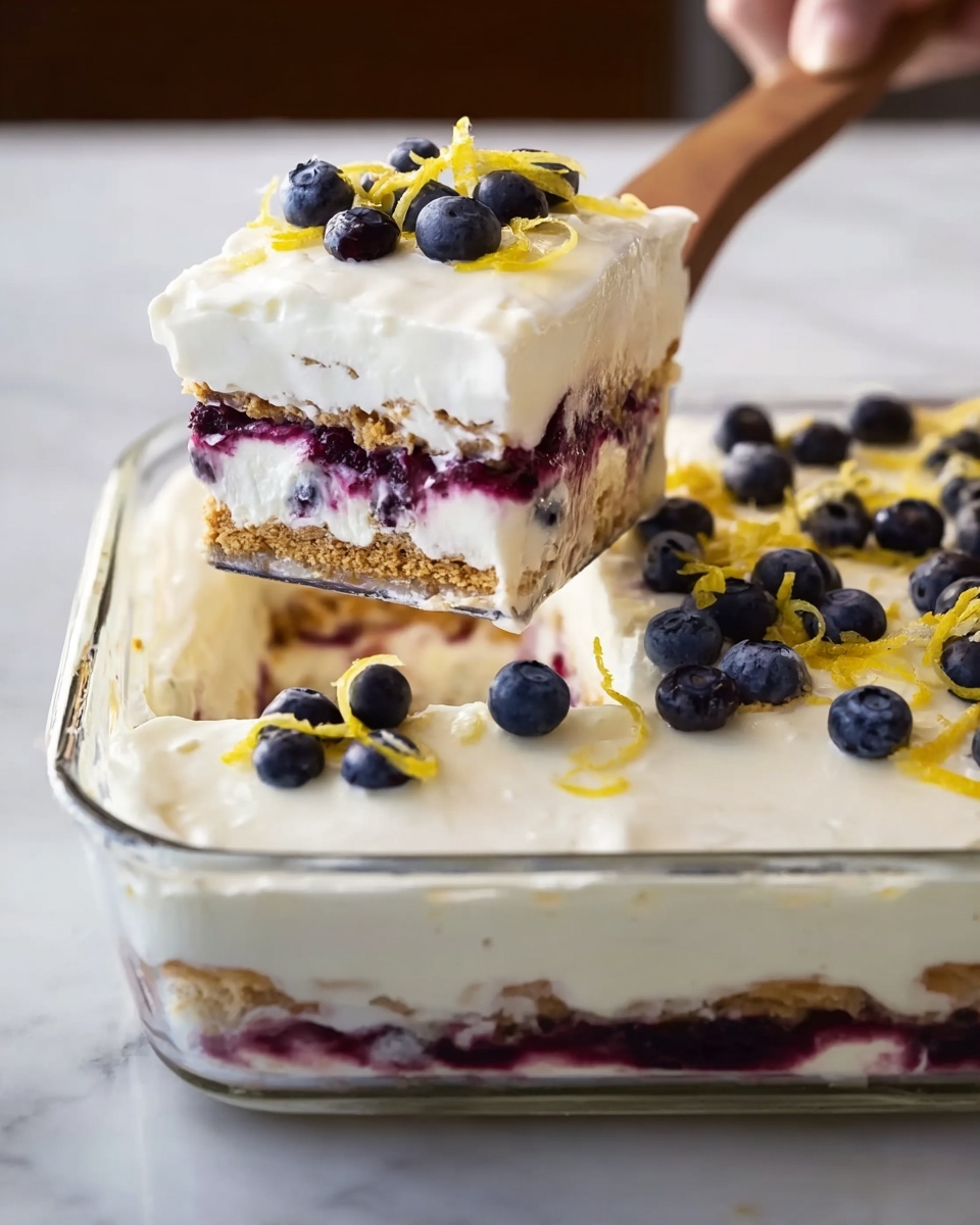 A glass baking dish holds a layered dessert with four main layers visible from the side. The bottom layer is a dark purple blueberry layer, followed by a thin crunchy light brown biscuit layer. Above this is a thick creamy white layer mixed with blueberry pieces and another biscuit layer. The top is a thick, smooth white cream layer, decorated with whole fresh blueberries and thin yellow lemon zest strips scattered on top. A woman's hand with a wooden spatula lifts a single square serving, showing the clear separation of each layer. The dish sits on a white marbled surface. photo taken with an iphone --ar 4:5 --v 7