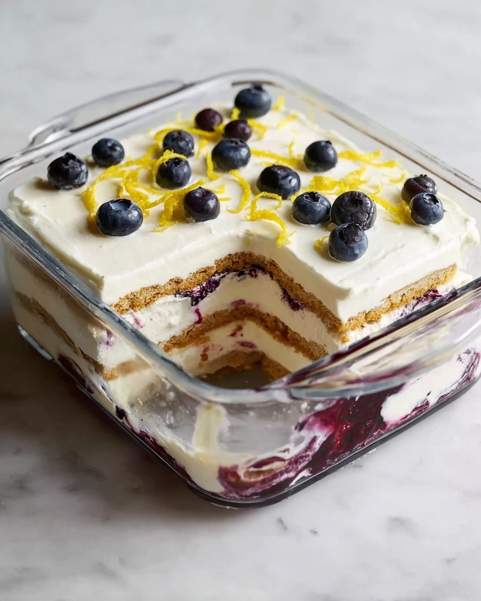 A clear glass square dish contains a layered dessert with three visible layers of light brown cookies and two layers of thick white cream mixed with dark purple berry jam in between. The top layer is smooth white cream, decorated with scattered fresh blueberries and thin yellow lemon zest strips. The dessert has a section cut out from the front right corner, showing the layers clearly. The dish is on a white marbled surface. Photo taken with an iphone --ar 4:5 --v 7