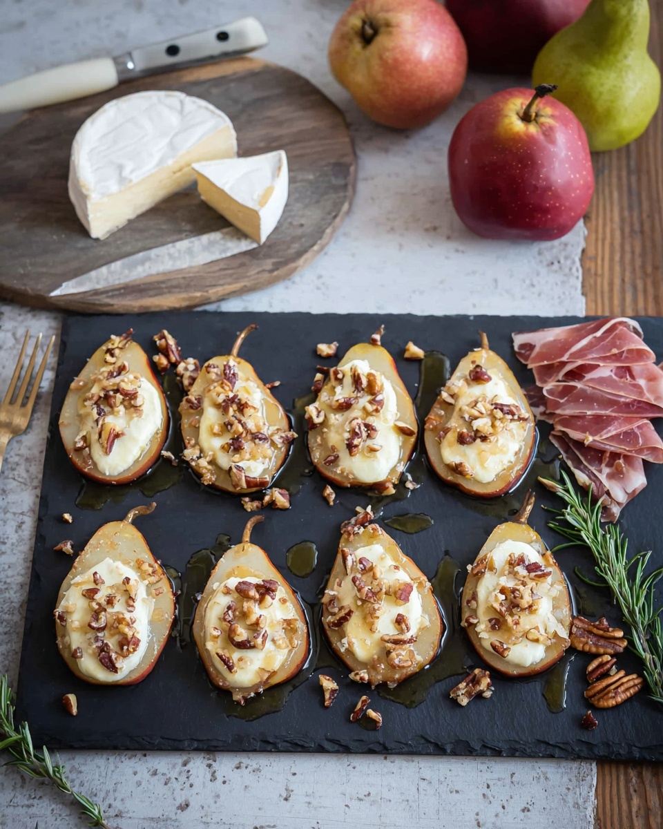 The image shows a black slate serving board holding nine thin slices of pear arranged in rows, each topped with a creamy white cheese layer and sprinkled with small pieces of chopped pecans. There is a drizzle of honey or syrup over the pear slices, adding a shiny texture. To the right side of the board, there is a small pile of folded slices of pink prosciutto and a few pecans. A sprig of fresh rosemary lies near the center for garnish. In the background, a white marbled texture surface holds a gray wooden board with a round white cheese, one wedge cut out, and a knife with a white handle. Two whole pears, one red and one green, are placed behind the gray board. photo taken with an iphone --ar 4:5 --v 7