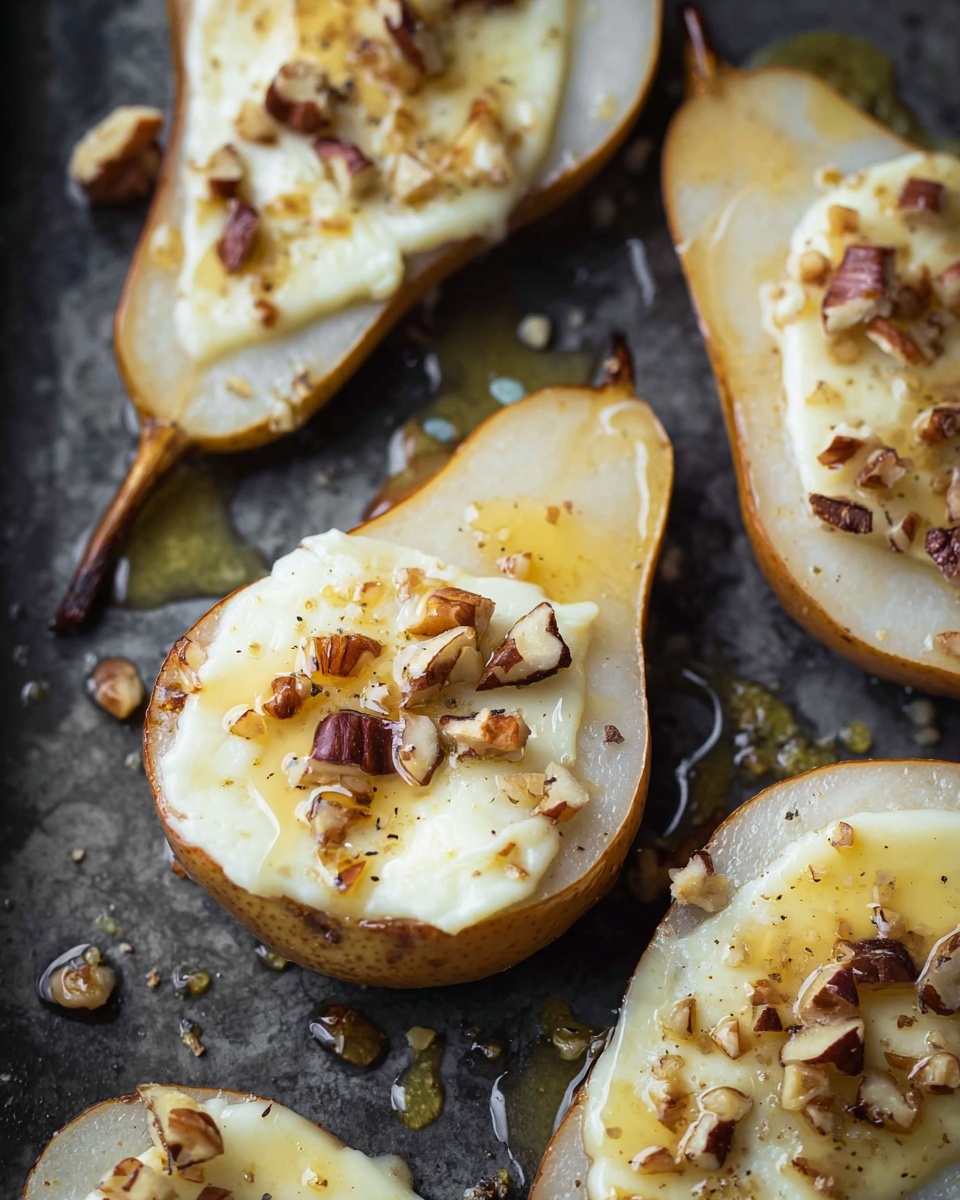 The image shows several slices of roasted pear placed on a dark cooking tray over a white marbled texture. Each pear slice is topped with a melted, creamy white cheese layer that is soft and slightly oozing. On top of the cheese, there are small chopped pieces of brown nuts scattered evenly, adding a crunchy texture contrast. Around the pear slices, there are small drops of golden honey, creating a glossy finish that highlights the sweetness. The pears have a light brown skin and a soft yellow-white inside with a smooth, glossy texture. Photo taken with an iphone --ar 4:5 --v 7